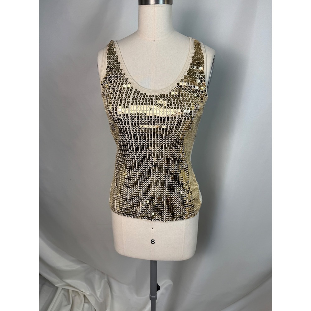 Sixteen Large Women Gold‎ Sequin Ribbed Scoop Neck 90's Y2K Club Party Tank Top